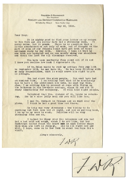 Franklin D. Roosevelt 1928 Letter Signed to His Physical Therapist, Who Helped Him Make the Nominating Speech at the 1928 Democratic Convention Without Crutches -- ''Politics will be very strenuous''